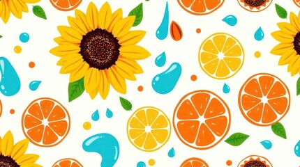 summer pattern of sunflowers and oranges on a white background.