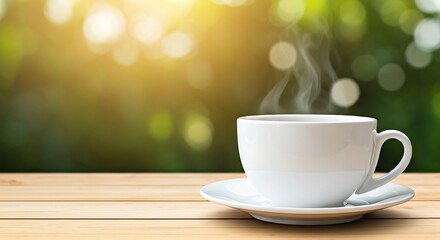 Obraz premium Steaming Coffee Cup on Wooden Table Against Bokeh Background Invites Relaxation and a Moment of Serenity