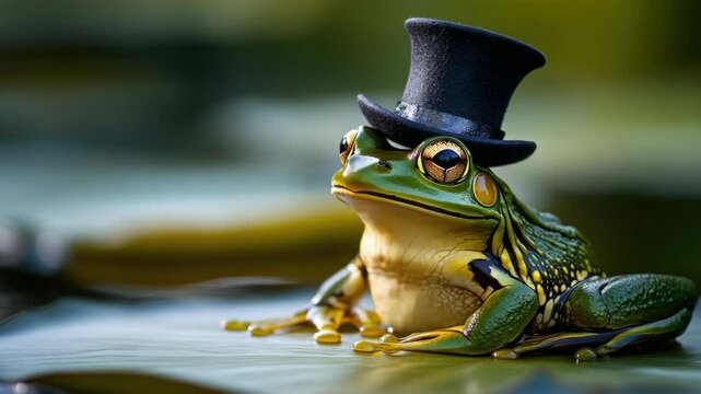 A yellow and black frog wearing a small top hat for a funny picture.