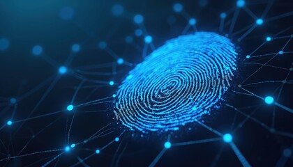 Digital fingerprint authentication concept. Biometric security, data protection technology. Fingerprint scanner access, identification, cyber security, digital id verification. Blue futuristic