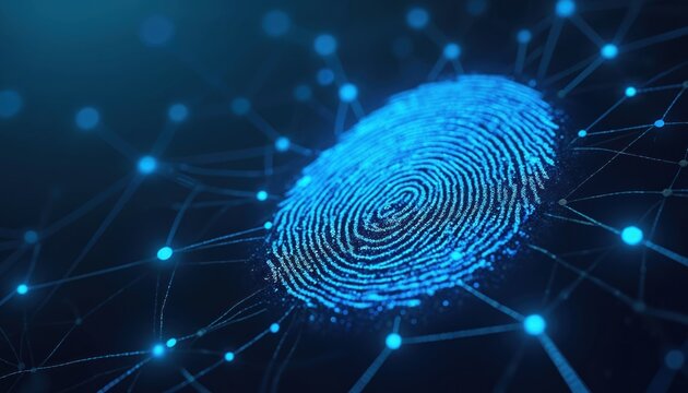 Digital fingerprint authentication concept. Biometric security, data protection technology. Fingerprint scanner access, identification, cyber security, digital id verification. Blue futuristic - Powered by Adobe