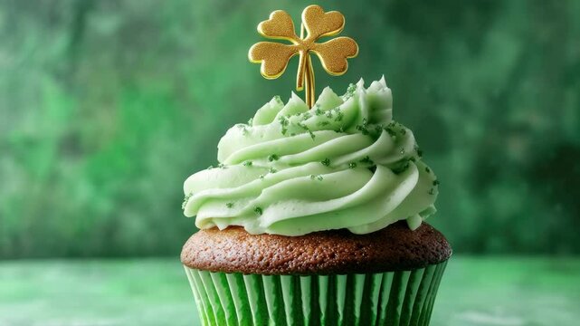A delicious St. Patrick's Day themed cupcake with green icing and a clover decoration.