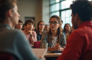 Group of young people in a public forum. Active citizens discuss important social issues. Teenagers listen to speakers. Activists debate. Young people talk about solutions. Diverse audience.