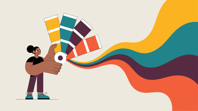 graphic designer holding color swatch fan with color waves, vector illustration for color palette creation, design theory and brand identity development
