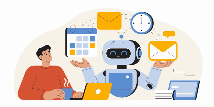 office worker with ai personal assistant robot managing tasks, vector illustration for ai task management, workflow automation and productivity enhancement
