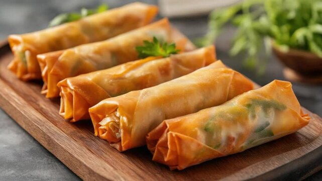 An assortment of colorful, crispy spring rolls placed on a rustic wooden board as a part of an appetizer or main course