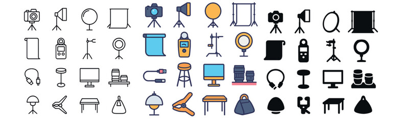Photography equipment icons set – flat, camera gear, and studio tools collection
