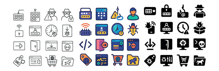 Cybersecurity and hacking icons set – outline and silhouette tech security symbols