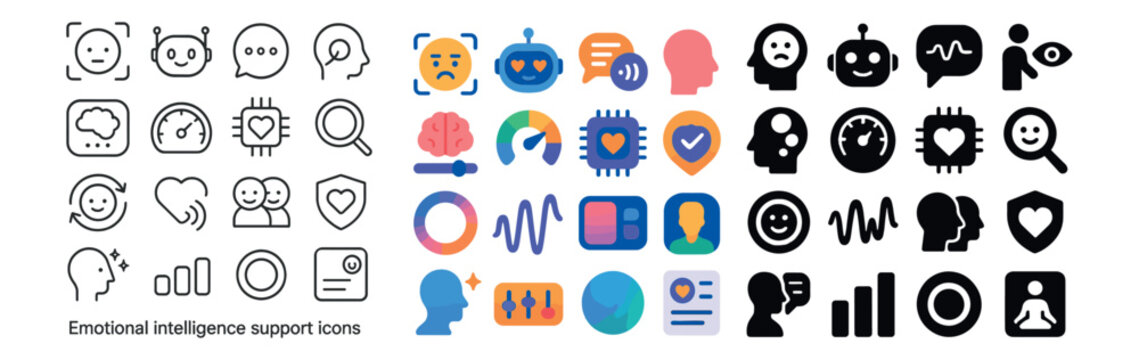 Emotional intelligence icons set – outline, empathy and mental health symbols