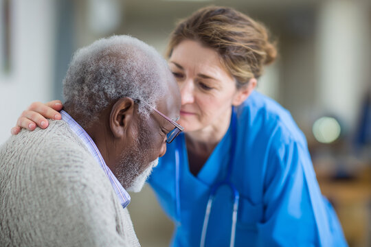 Nurse comforting elderly patient: compassionate hospital nurse providi