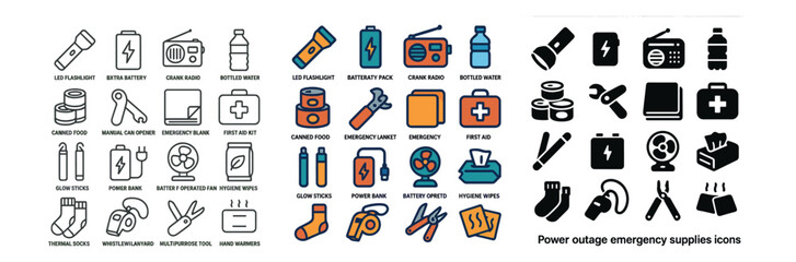 Emergency supplies icons set – outline, preparation and survival design elements