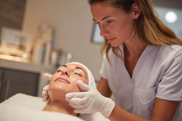 Dermatologist carefully examining patient's skin for skin care needs