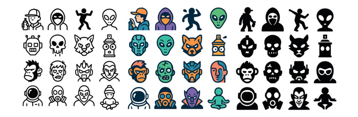 Fototapeta premium Avatar and character icons set – outline, cartoon and mascot style symbols