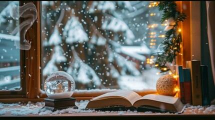 Cozy Winter Reading: An open book rests on a snow-dusted windowsill, beside a snow globe and warm string lights, with a snowy winter scene visible outside. - Powered by Adobe
