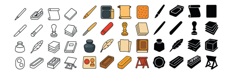 Office supplies icons set – outline stationery, tools and writing essentials