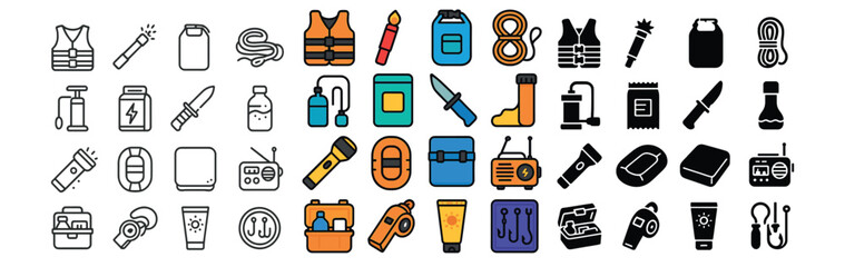 Survival equipment icons set – flat, emergency gear and outdoor adventure symbols