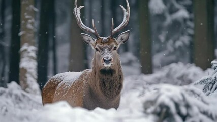 A deer with antlers is standing in the snow. The deer is looking at the camera. The snow is white and covers the ground - Powered by Adobe