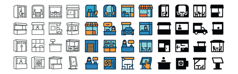 Storefront icons set – outline, shop and market front views for retail design