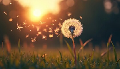 Dandelion clock seeds blown in the wind at sunset. Airy flower with seeds flying in summer meadow, representing freedom, dreams, fragility. Natural background. Symbol of wish, peace, hope. Calm scene.
