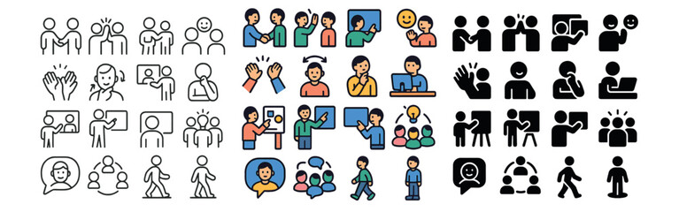 People and communication icons set – outline and silhouette, social interaction symbols