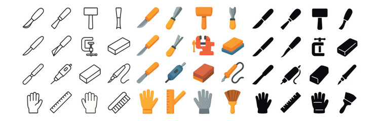 Carpentry and woodworking icons set – flat, diy and tool symbols for creative projects