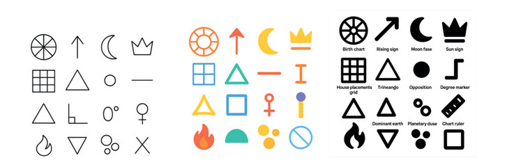 Astrology and astronomy icons set – outline, celestial and zodiac symbol collection