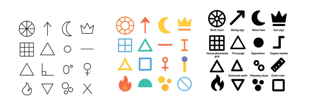 Astrology and astronomy icons set – outline, celestial and zodiac symbol collection