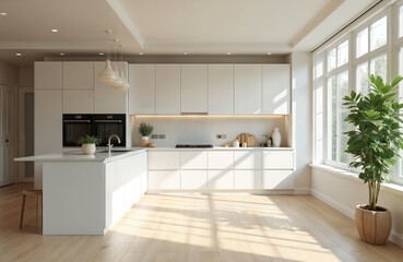 Obraz na płótnie Canvas Modern elegant kitchen interior design. White minimalist furniture, marble countertop, stylish island, pendant lights. Spacious empty room, wooden floor. Big window, green plant. Luxury home,