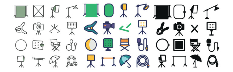 Photography and film equipment icons set – line, camera and studio essentials