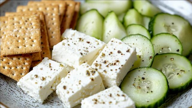 A light and refreshing snack featuring fresh cucumbers, crackers with a pepper topping, and a plant-based protein source. Ideal for a healthy and satisfying bite.