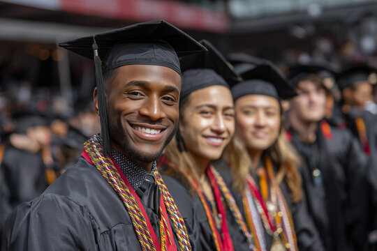 Smiling graduates at their diverse graduation ceremony