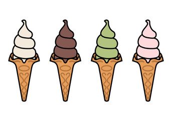 コーンに入ったソフトクリームイラストのセット