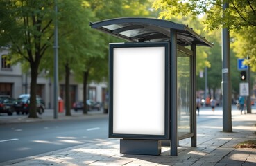 Obraz na płótnie Canvas Advertising banner at public transport stop. Empty white display for commercial message, brand promo on street. Advertisement mockup in urban environment. City transportation, information, marketing