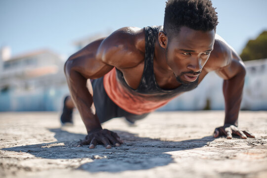Male athlete focused on his outdoor push-up workout dedicated athlete