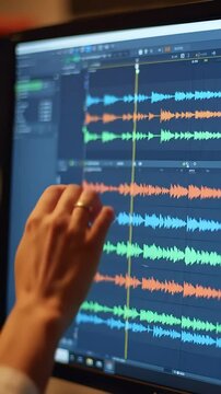 Video Editor Hands Scrubbing Through Timeline: Audio Waveforms Dynamically Respond to the Playhead Movement, Showing Precise Audio-Visual Synchronization