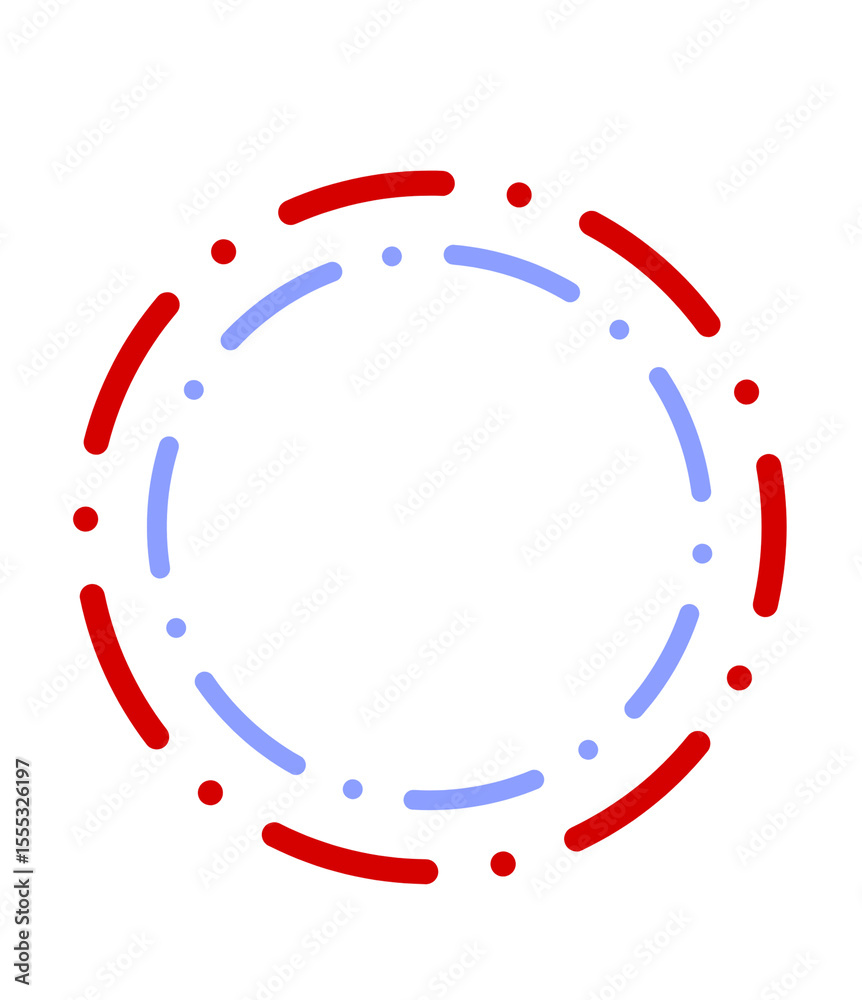 Poster vibrant circular burst design with red and blue dashed lines and dots on transparent backdrop for mo
