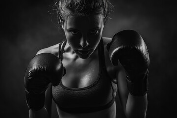 Intense female boxer in stance ready to fight powerful female boxer