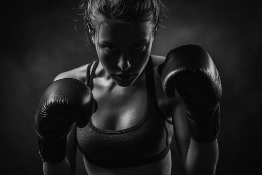 Intense female boxer in stance ready to fight powerful female boxer - Powered by Adobe