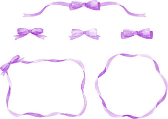 水彩で描いた紫色のリボンフレーム素材セット