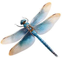 Dragonfly with blue tail hovering mid-air, top view angle with translucent wings, light shadows under wings, isolated PNG with ultra-detailed textures in 8K resolution