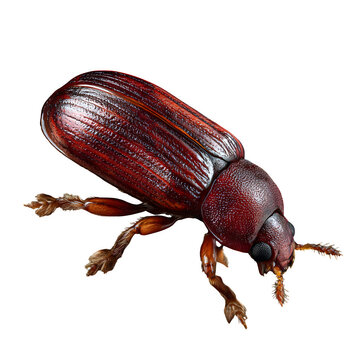 Flat bark beetle crawling on imaginary bark, flattened body with glossy red-brown shell, macro studio lighting, 8K transparent PNG