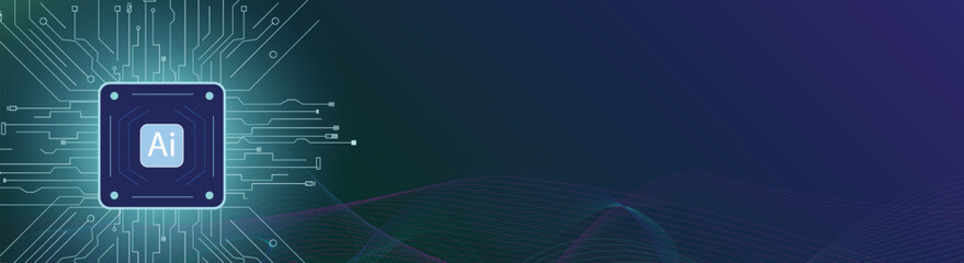 Futuristic AI processor surrounded by circuit lines and colorful waves, ideal for technology visuals