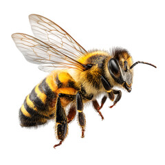 Honeybee with yellow and black pattern, hovering, wings frozen mid-flap, photoreal side lighting with fur detail, macro capture style, transparent background PNG