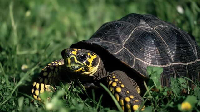 A turtle with a distinct yellow and black pattern on its shell walking through lush green grass, possibly in search of food or exploring its environment.