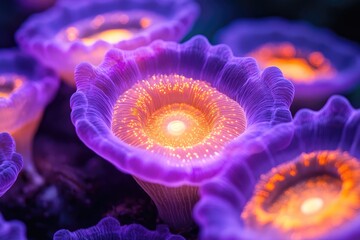Close-up of glowing vibrant coral polyps showing purple petals and luminescent yellow centers