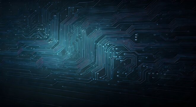 Intricate Circuit Board Design: A High-Tech Abstract Background with Glowing Blue Lines and Connections