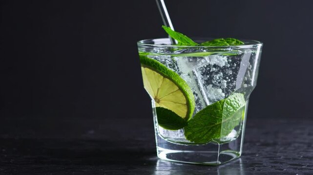 Mojito cocktail, mixed drink with mint and lime, dark background