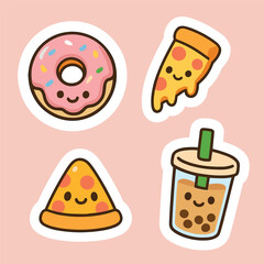 Cute Food Sticker Pack Vector | Pizza, Donut, Bubble Tea Kawaii Art