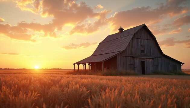 Old wooden barn during golden hour sunset. Rural landscape with wheat field and warm sunlight. Farm building exterior background. Beautiful nature, agriculture scenery.