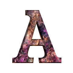 Vibrant letter featuring cosmic design with hues of purple, pink, and gold, evoking sense of wonder and creativity